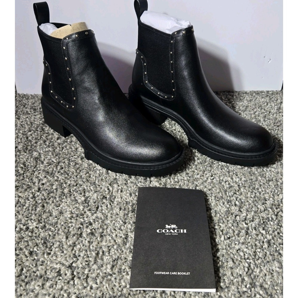 NWB Coach Lory Leather Boot Bootie Black w/ Gold Stud Logo Detail Women sz 6.5B - Picture 1 of 16